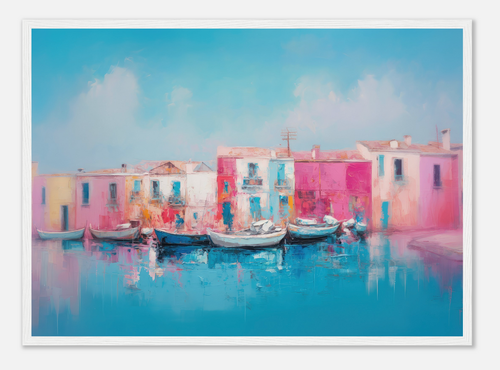 photo of colorful pink and white buildings with small boats and a harbor in front of the buildings; the background is of the sky and the foreground is water